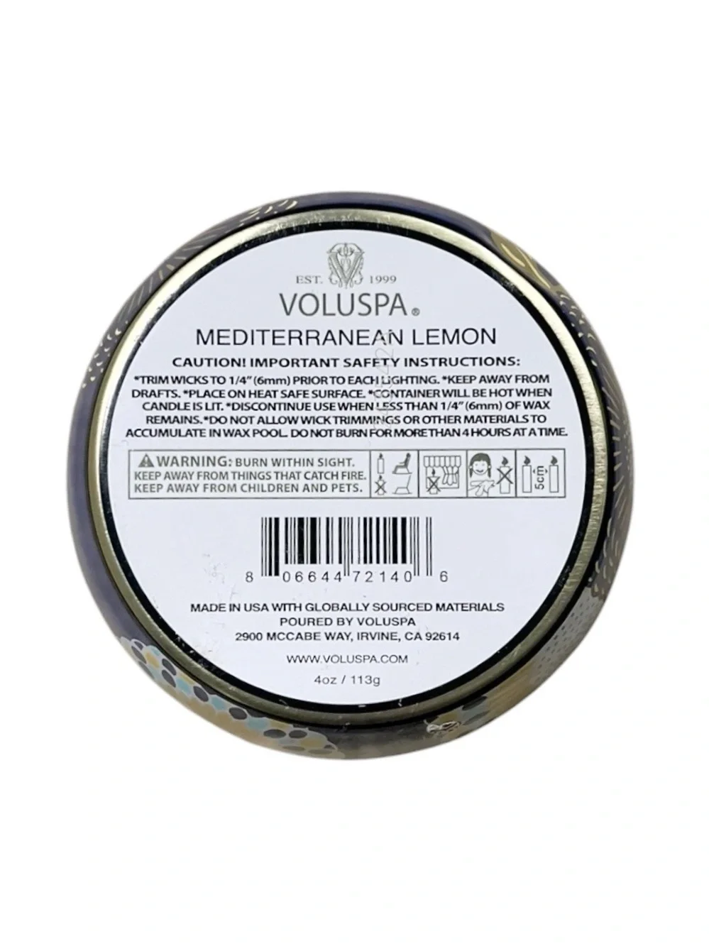 NEW Voluspa MEDITERRANEAN LEMON Mini Tin Candle, 4 oz